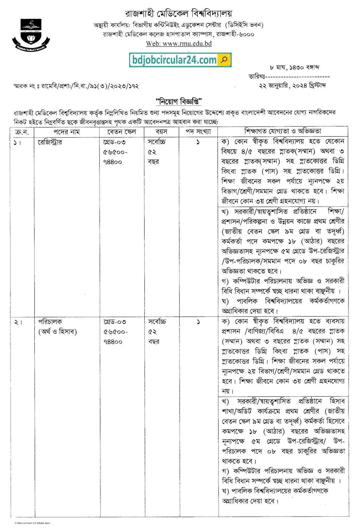 Rajshahi Medical University Job 2024